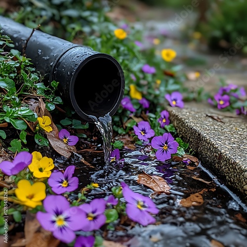 Water from pipe flows over flowers in garden