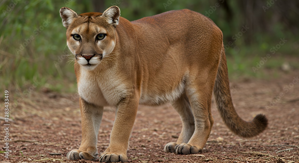 Obraz premium Cougar Standing Alert on Forest Path Looking Directly at Camera