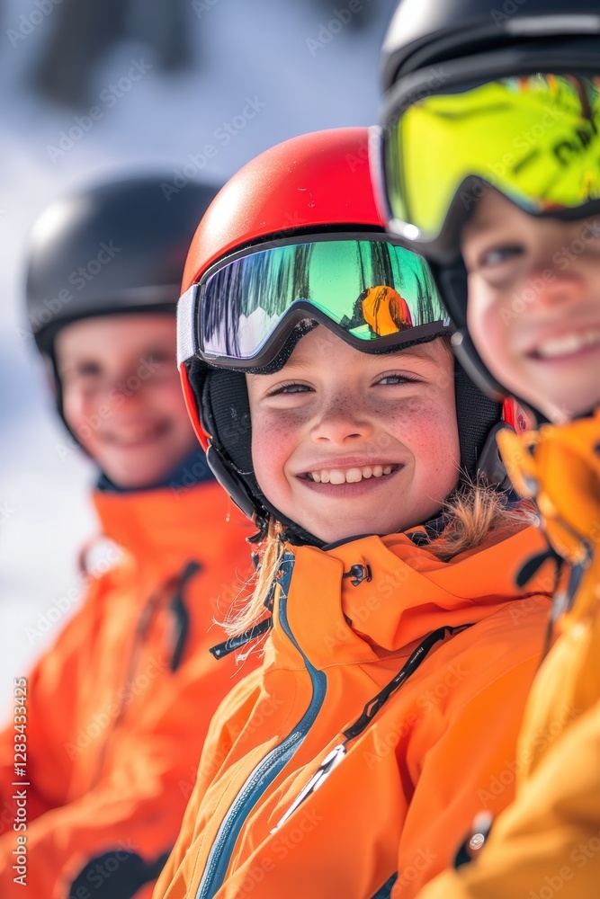 Kids enjoying ski lessons on snow-covered slopes wearing colorful gear and helmets, smiling faces, winter sports, family fun, outdoor adventure activities. Kids enjoying ski lessons on snow-covered slopes wearing colorful gear and helmets, smiling faces, winter sports, family fun, outdoor adventure activities.