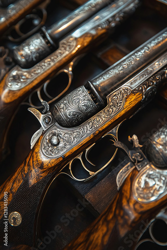 Vintage flintlock pistols arranged with intricate designs on display for historical enthusiasts photo