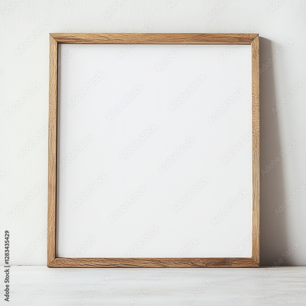Square Wooden Frame Mockup Against White Textured Wall Square Wooden Frame Mockup Against White Textured Wall