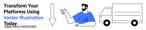 Man in a blue shirt pointing toward a truck, accompanied by a downward arrow. Ideal for logistics, delivery, service guidance, transportation, e-commerce, warehouse management, flat landing page
