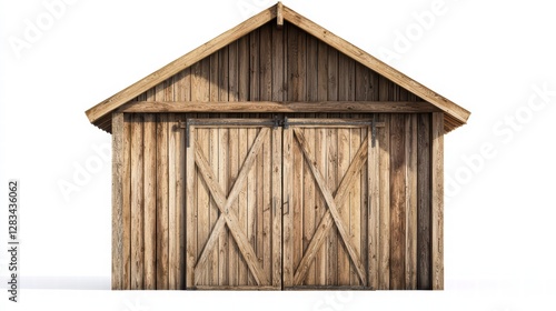 Obraz na płótnie Rustic Wooden Barn: A weathered wooden barn with a classic gabled roof and double sliding doors, creating a charming image of rural life. w salonie