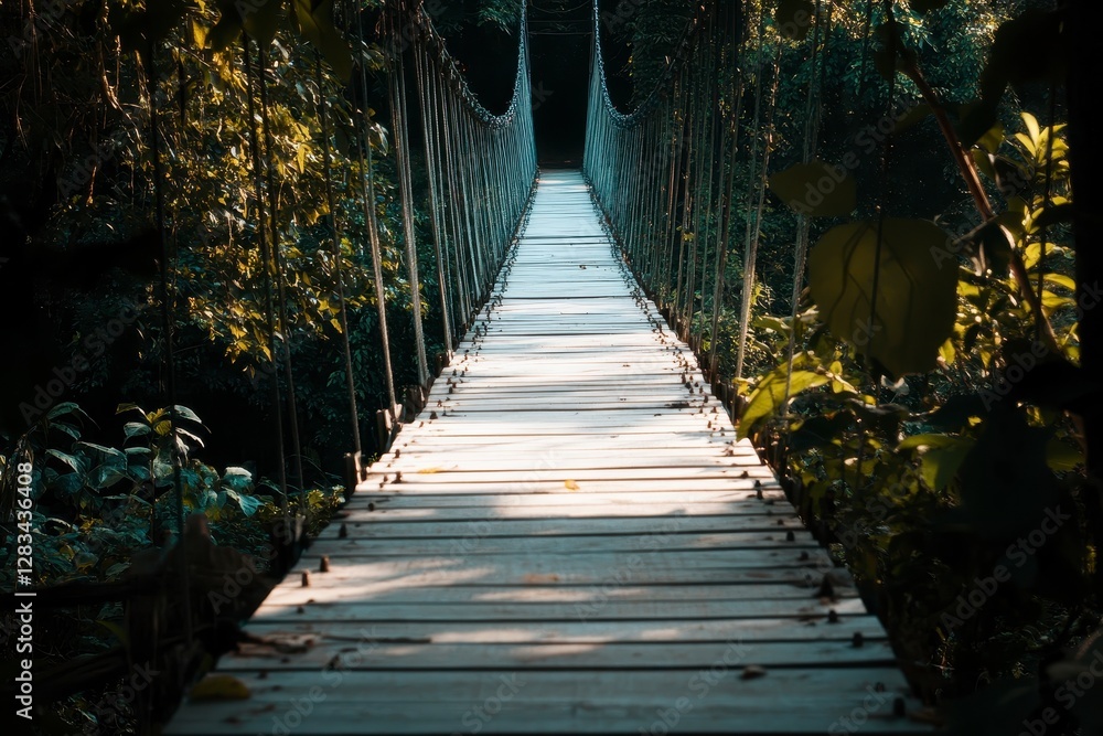Sunlit Wooden Suspension Bridge in Lush Green Foliage Sunlit Wooden Suspension Bridge in Lush Green Foliage