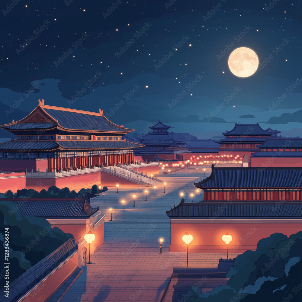Obraz premium a serene Beijing China night scene, featuring the iconic Forbidden City bathed in moonlight. 