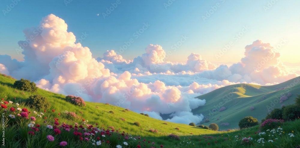 Fototapeta premium Dreamy landscape with floating clouds and hills, mountains, cloudy, landscape