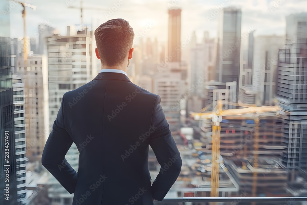 Business professional gazing at a city skyline during sunset, with construction in the background Business professional gazing at a city skyline during sunset, with construction in the background