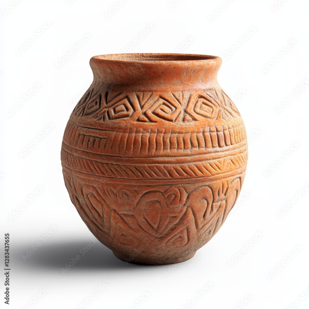 A 3D scanned artifact, a small clay pot with intricate patterns, isolated on a white background - Generative AI A 3D scanned artifact, a small clay pot with intricate patterns, isolated on a white background - Generative AI