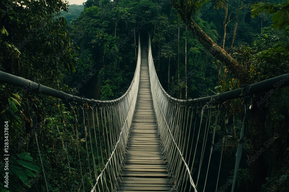 Obraz premium Wooden Rope Bridge into Lush Rainforest Dark Moody Atmosphere