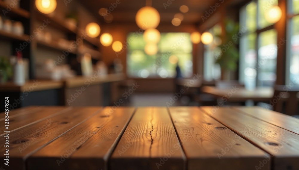 Wooden table in cafe with blurred light and gold bokeh background, light, wood Wooden table in cafe with blurred light and gold bokeh background, light, wood