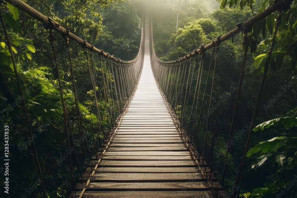 Wooden Suspension Bridge in Lush Rainforest with Sunlight Filtering Through Canopy Wooden Suspension Bridge in Lush Rainforest with Sunlight Filtering Through Canopy