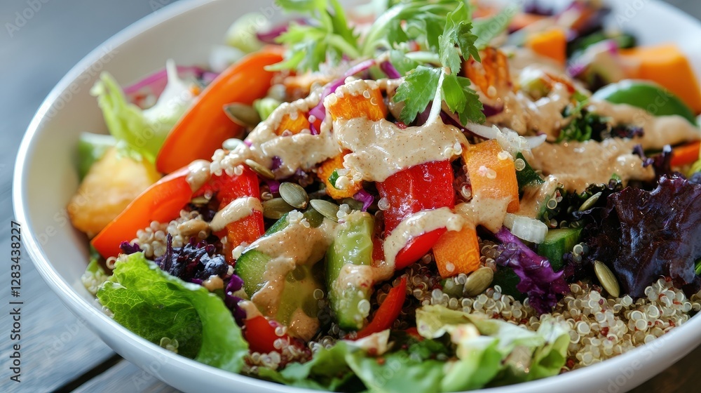 A vibrant vegan salad with quinoa, roasted vegetables, pumpkin seeds, and a lemon-tahini dressing, providing a healthy and filling meal. A vibrant vegan salad with quinoa, roasted vegetables, pumpkin seeds, and a lemon-tahini dressing, providing a healthy and filling meal.