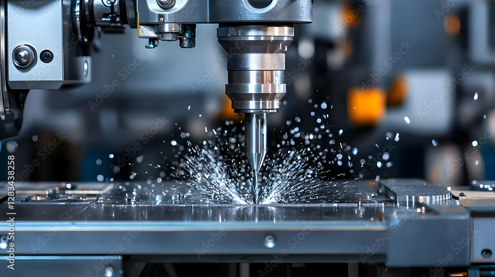 Close Up Of CNC Machine Drilling Metal With Sparks In Industrial Workshop Close Up Of CNC Machine Drilling Metal With Sparks In Industrial Workshop