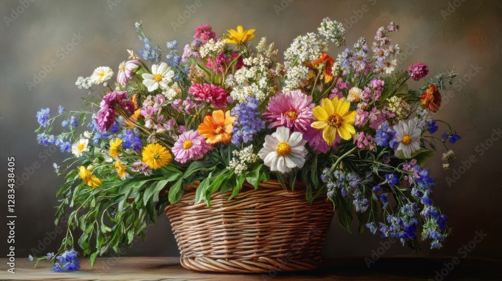 Fototapeta premium Vibrant floral arrangement in a woven basket display