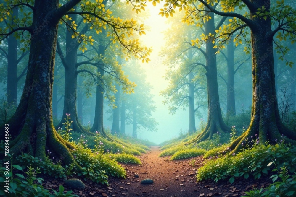 Obraz premium dreamy watercolor texture on misty forest floor, morning, dawn, fog