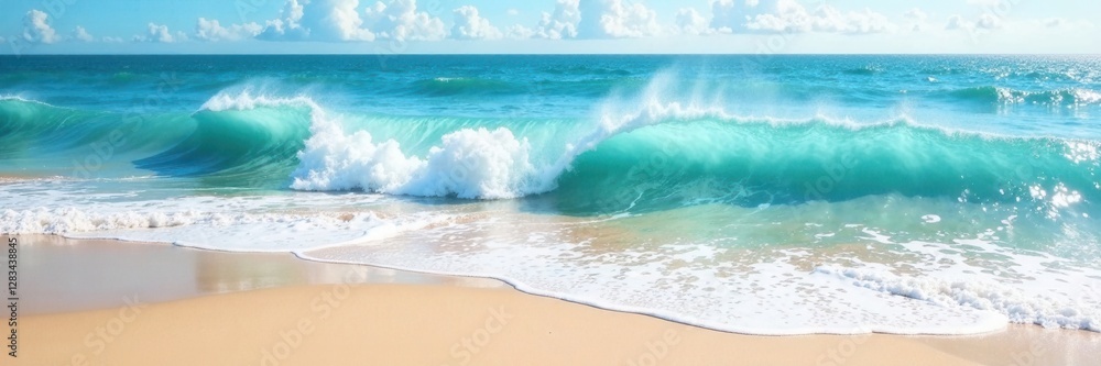 Fototapeta premium Dreamy watercolor waves crashing on sandy shore, beach, driftwood, sea