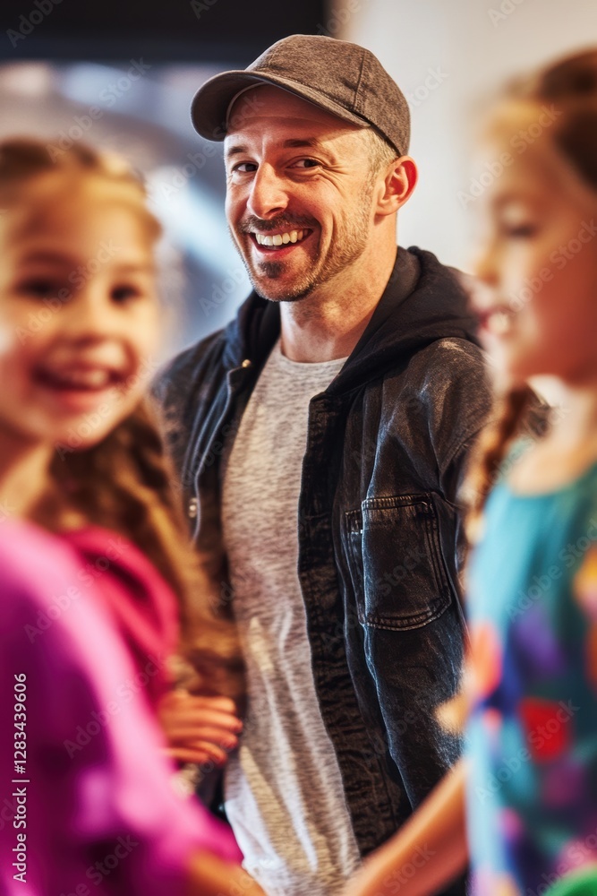 Man smiling and interacting with children during fun activity day, kids enjoying games, happy family moments, community event, joyful childhood experience. Man smiling and interacting with children during fun activity day, kids enjoying games, happy family moments, community event, joyful childhood experience.