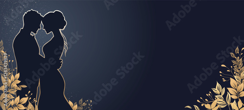 Luxury wedding invitation card with copy space. Golden elegant silhouette couple with golden leaves pattern on dark background vector illustration