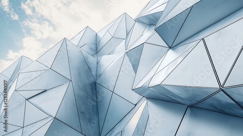 Geometric Facade: A captivating perspective of a modern architectural marvel, featuring a mesmerizing facade of geometric shapes and intricate patterns.