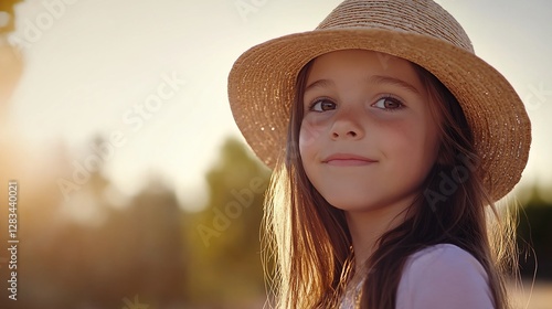 Girl, hat, sunset, field, summer, happy, portrait, stock photo photo