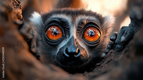 Baby monkey with big eyes and a black nose is peeking out from a hole in the ground