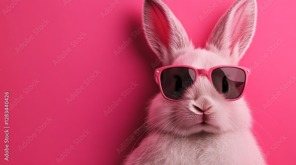 Fototapeta premium Rabbit wearing sunglasses and standing in front of a pink background. The rabbit is wearing pink sunglasses and he is enjoying the sunny day
