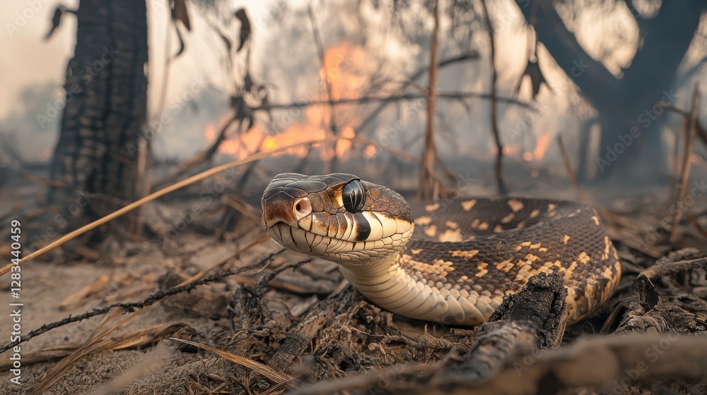 Fototapeta premium Snake in a charred landscape amidst a wildfire backdrop.