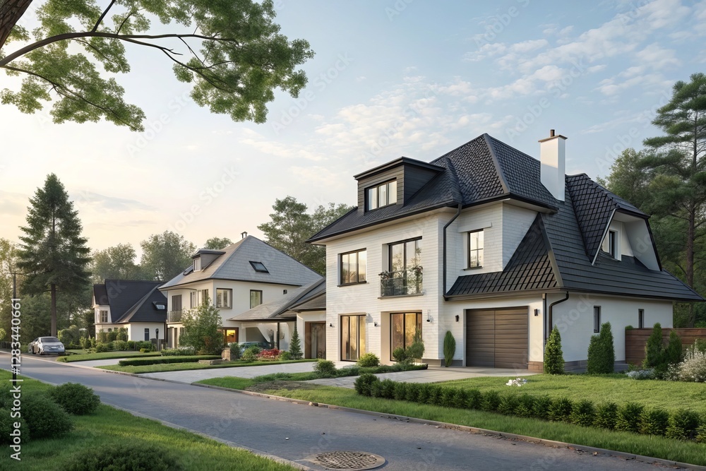 Fototapeta premium A perfect neighbourhood. Houses in suburb at Summer in the north America. Luxury houses with nice landscape