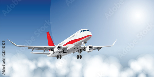 Detailed realistic vector illustration of an airplane with landing gear above the clouds. Transportation and travel