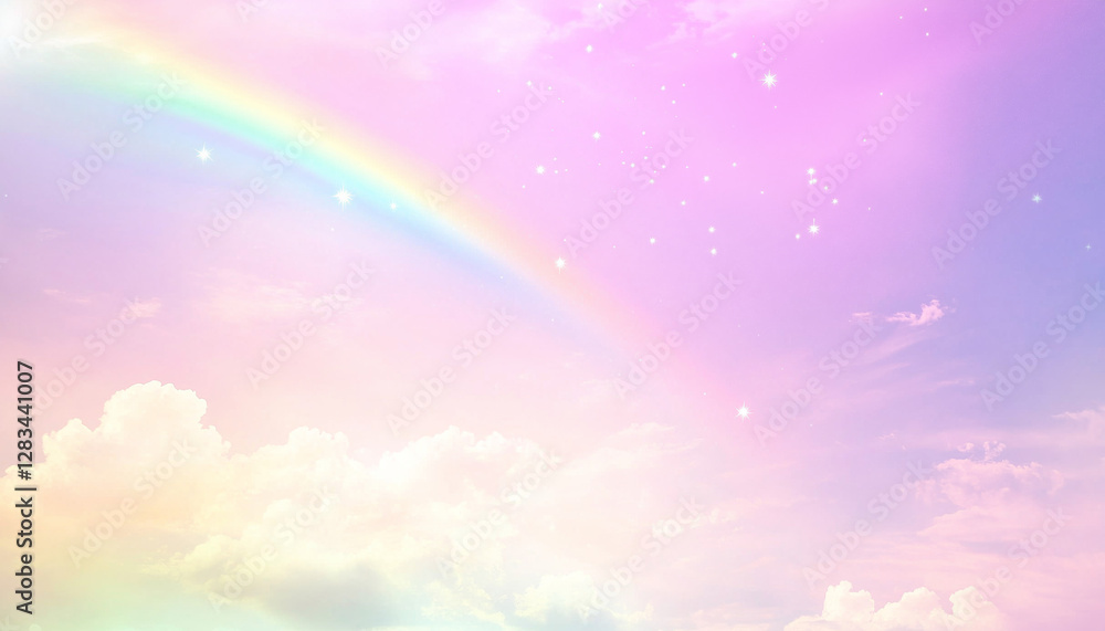 A whimsica pastel rainbow unicorn background shines with sparkling stars against a soft, pink fantasy sky. A whimsica pastel rainbow unicorn background shines with sparkling stars against a soft, pink fantasy sky.