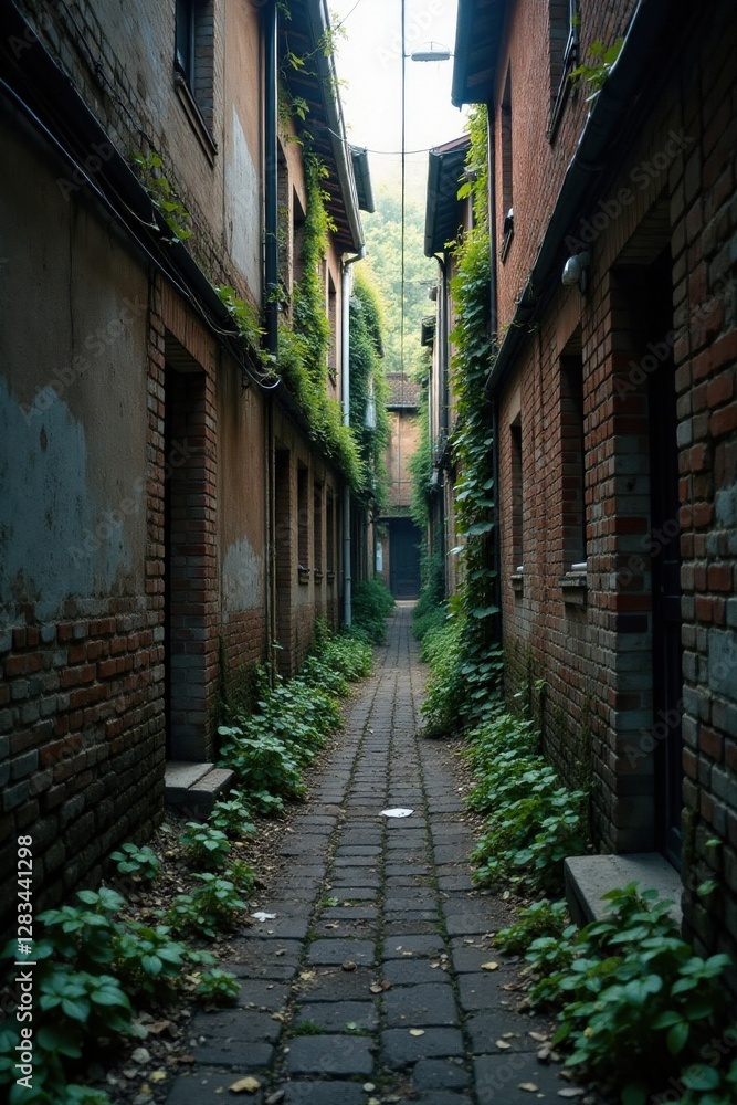 Darkened alleyway with peeling brick walls and overgrown vegetation, urban decay, darkness Darkened alleyway with peeling brick walls and overgrown vegetation, urban decay, darkness