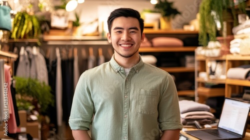 Man standing in retail store smiling confidently, trendy clothing shop interior with clothing racks, young professional, customer service oriented, positivity. photo