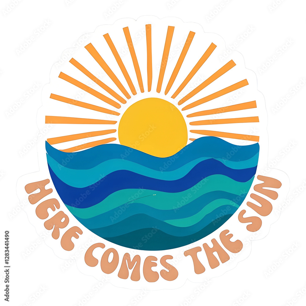 Here Comes The Sun Sticker - Cartoon Sun Waves Ocean Beach Summer Retro Art Design Here Comes The Sun Sticker - Cartoon Sun Waves Ocean Beach Summer Retro Art Design