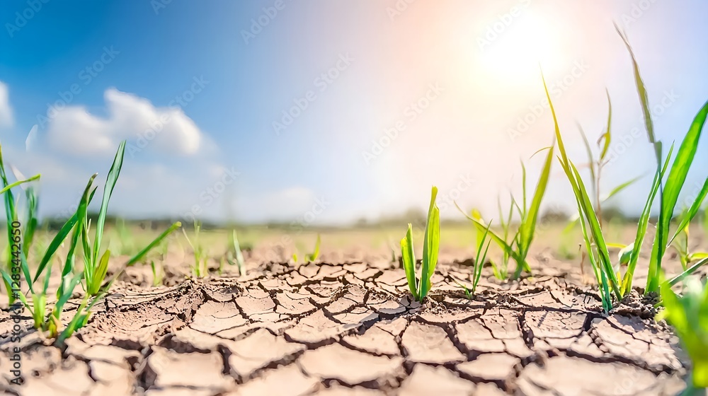 Dry Cracked Soil with Green Grass under Bright Sunny Sky Dry Cracked Soil with Green Grass under Bright Sunny Sky