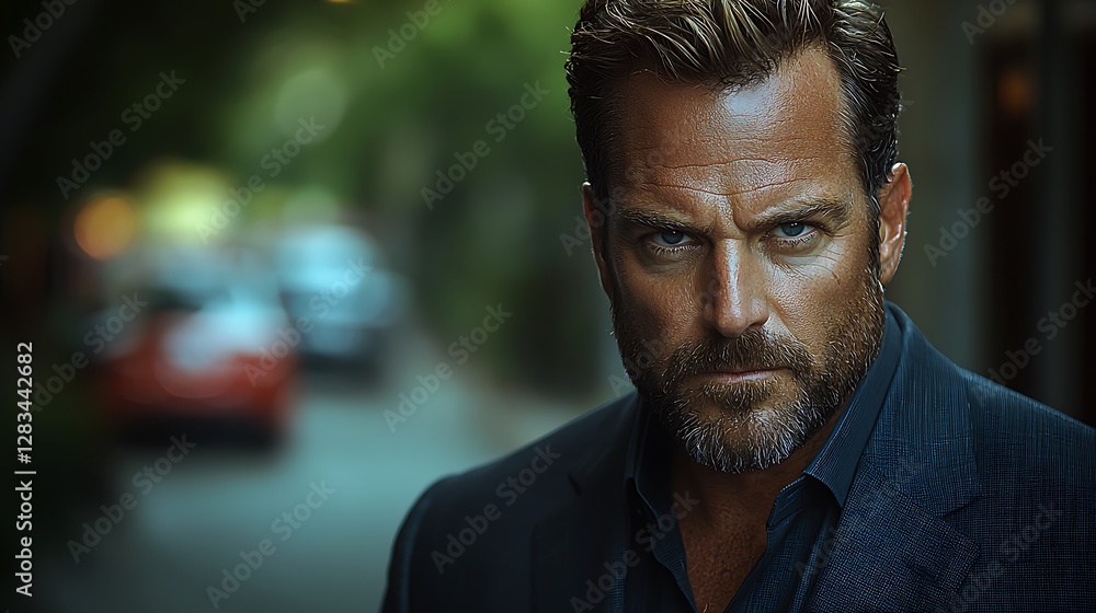 Intense closeup portrait of a mature man with a serious expression, showcasing his rugged features and stylish attire. Intense closeup portrait of a mature man with a serious expression, showcasing his rugged features and stylish attire.