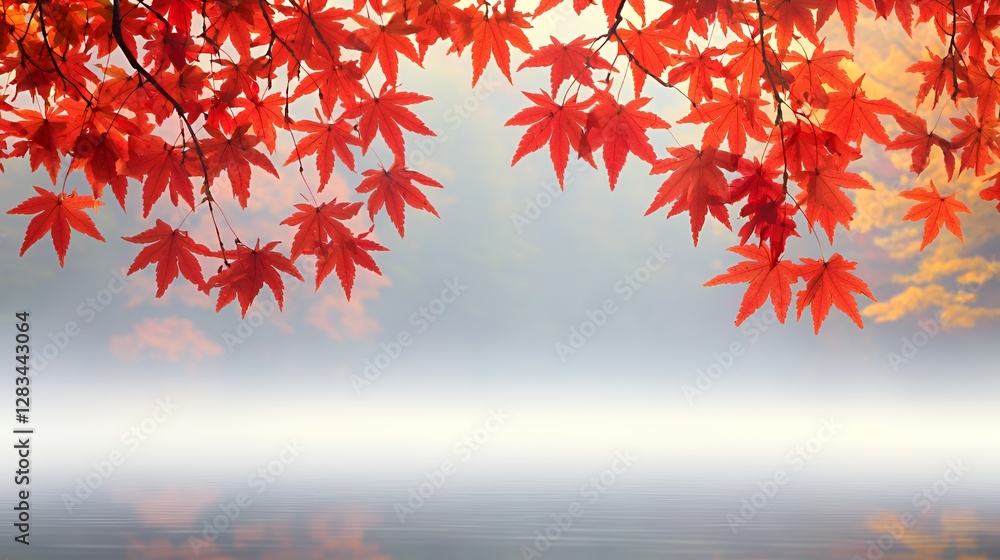 Red Maple Leaves Over Misty Water Reflection in Autumn Red Maple Leaves Over Misty Water Reflection in Autumn