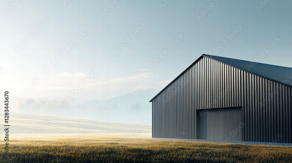 Fototapeta premium Industrial Simplicity: An expansive, modern industrial building stands in a vast open field. The building's sleek design reflects in the soft morning light and clear sky, offering a sense of peace.