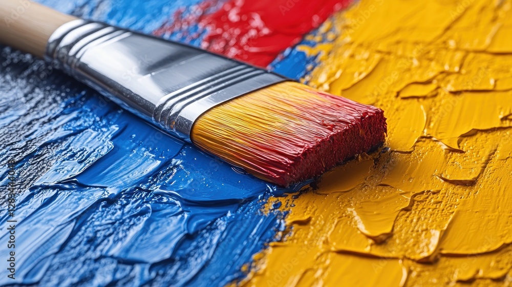 Fototapeta premium Paintbrush on colorful textured canvas