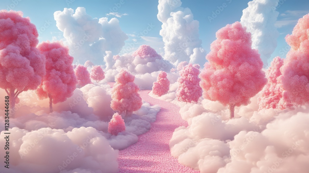 Tranquil landscape with pink trees and fluffy clouds under a bright blue sky in a dreamlike setting Tranquil landscape with pink trees and fluffy clouds under a bright blue sky in a dreamlike setting
