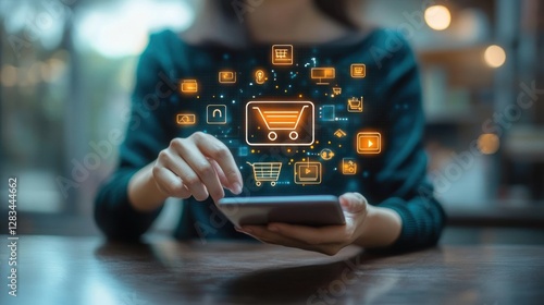 Integrated digital marketing strategy with a website ad, email, social media network, SEO, video, and mobile app. E-commerce and online shopping concept with icons, Pay Per Click (PPC) dashboard