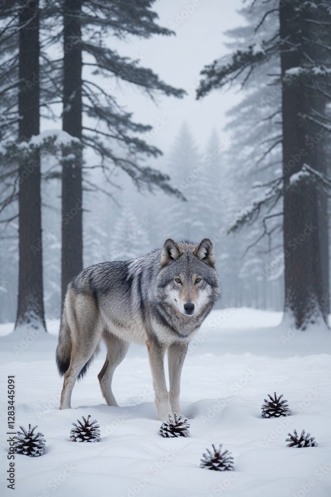 Naklejka premium Majestic wolf standing among pine cones in a snowy forest during winter