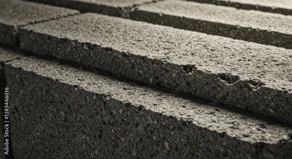 Close-up Detailed View of Stacked Concrete Blocks, Rough Texture, Construction Material, Gray Tones, Industrial, Building Blocks, Masonry, Architectural Elements