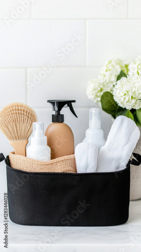 Organized cleaning caddy with brushes and supplies for a tidy home photo