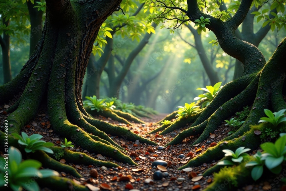 Earthy terrain with twisted tree roots and moss, plant life, tree roots, forest floor Earthy terrain with twisted tree roots and moss, plant life, tree roots, forest floor