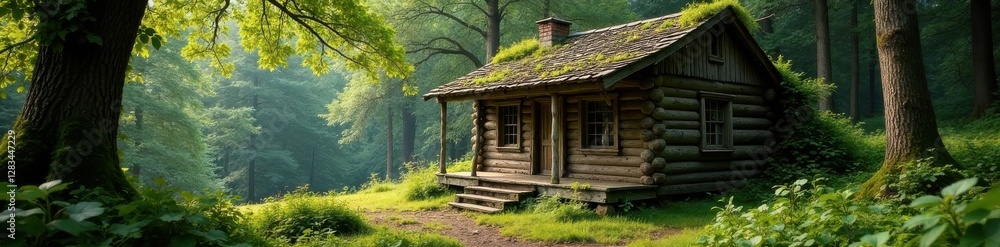 Old wooden cabin in woods with vines and moss, brown grunge wooden texture, outdoor Old wooden cabin in woods with vines and moss, brown grunge wooden texture, outdoor