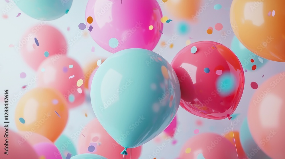Colorful balloons floating joyfully amidst a shower of confetti at a festive celebration Colorful balloons floating joyfully amidst a shower of confetti at a festive celebration
