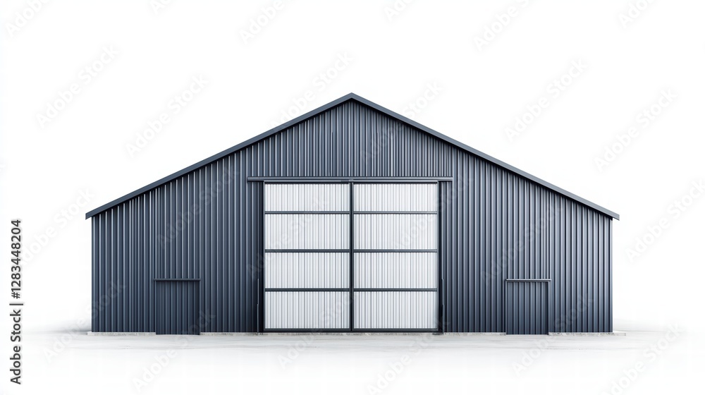 Industrial Facade: An architectural portrait of a modern industrial building, featuring a symmetrical design with a large sliding door and a sturdy gable roof, showcasing functionality and strength. Industrial Facade: An architectural portrait of a modern industrial building, featuring a symmetrical design with a large sliding door and a sturdy gable roof, showcasing functionality and strength.