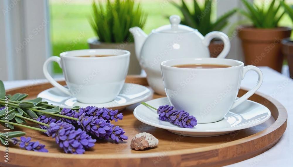 Peaceful tea scene with white cups and lavender flowers on a wooden tray Peaceful tea scene with white cups and lavender flowers on a wooden tray