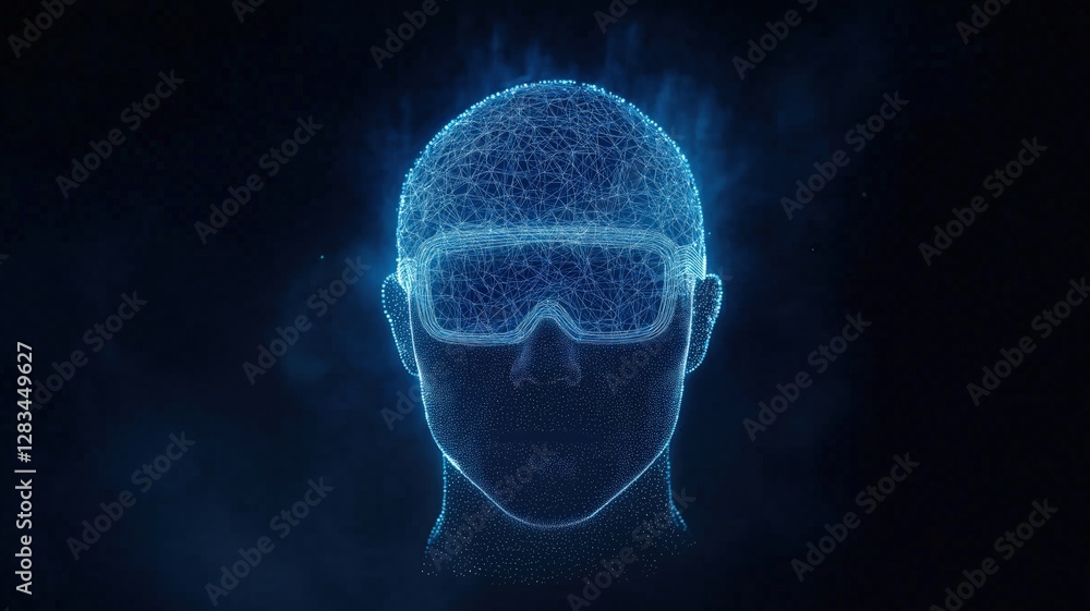 Abstract digital human head with VR glasses on a dark blue background Abstract digital human head with VR glasses on a dark blue background