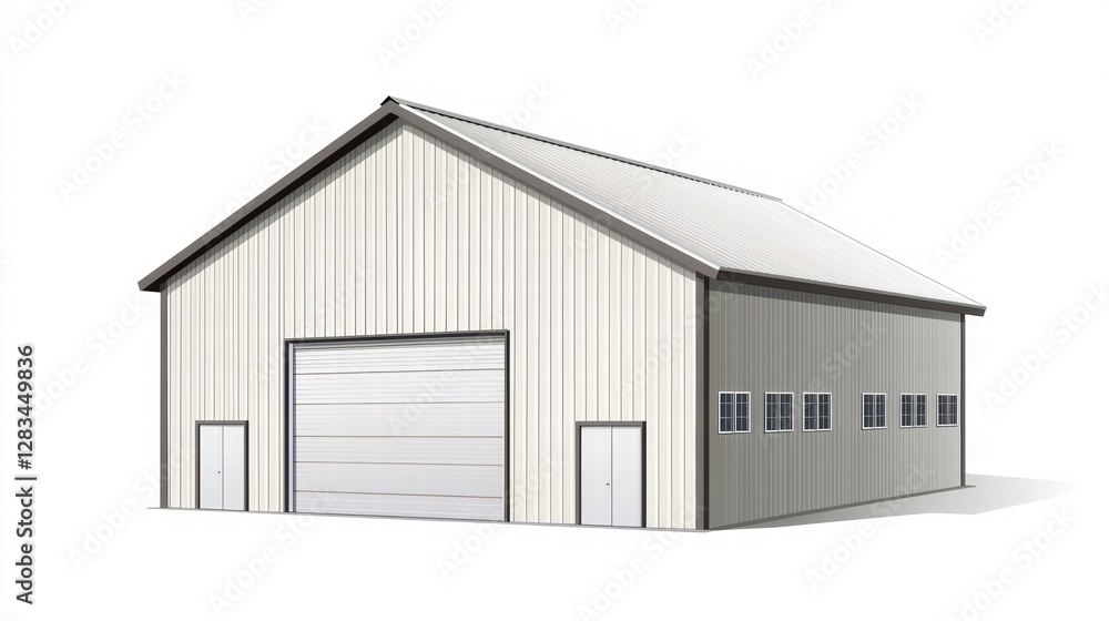 Steel building with garage door: A modern pre-engineered steel building with a large garage door and windows, perfect for use as a workshop, garage, or storage unit.
